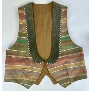 Western Suede Leather Patchwork Tapestry Vest Whipstitch Detail Boho Woven 46